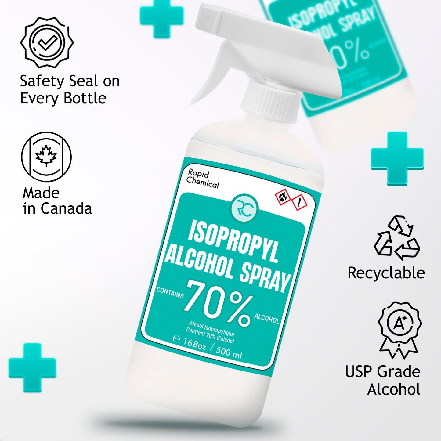 Rapid Chemical 70% Isopropyl Alcohol Spray 500ml – Made in Canada, safety-sealed, recyclable, ideal for cleaning, disinfecting, and sanitizing.