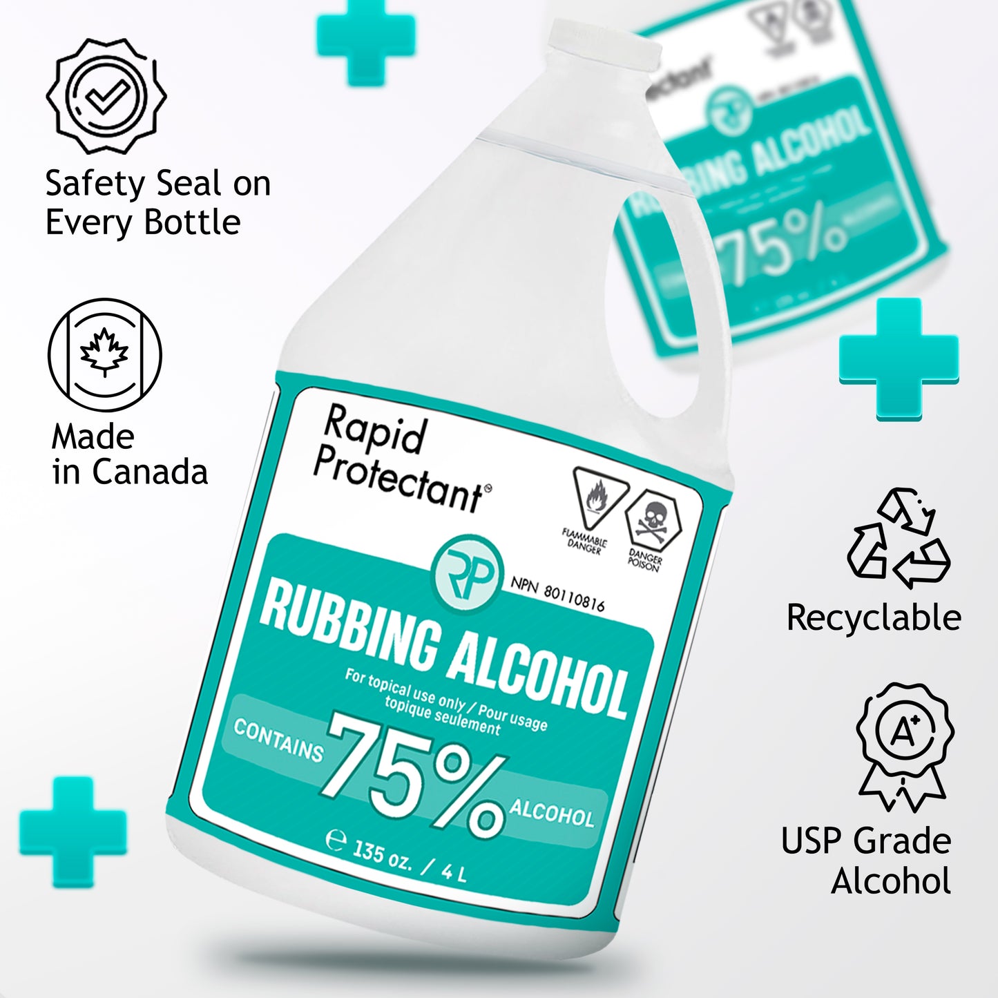 Rapid Protectant 75% Rubbing Alcohol 4L – USP Grade, Made in Canada, Sealed for Safety, Ideal for Cleaning, Disinfection, and Sanitization. Eco-friendly, Recyclable Packaging.