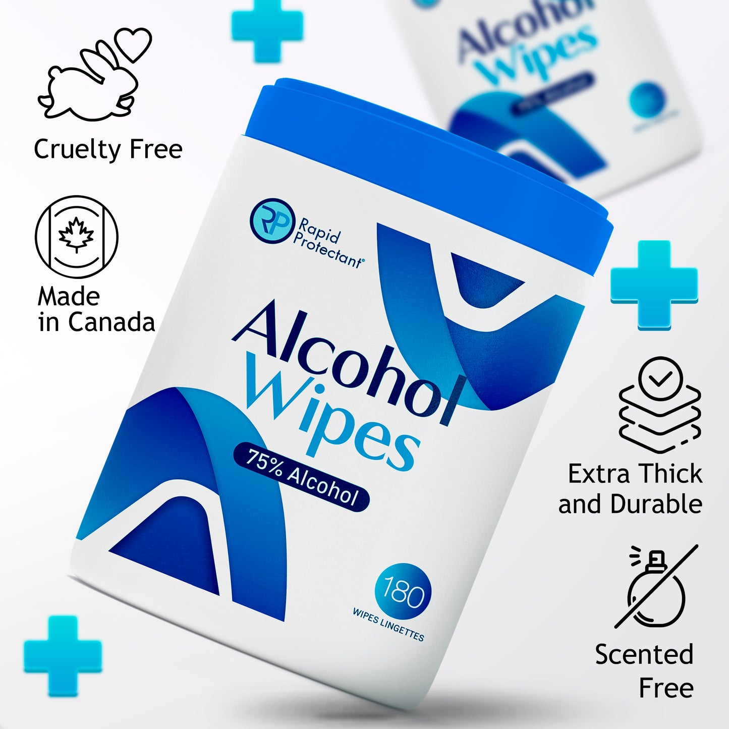 Rapid Protectant 75% Alcohol Wipes 180ct – Made in Canada, cruelty-free, extra thick, scented-free disinfecting wipes for hands & surfaces.