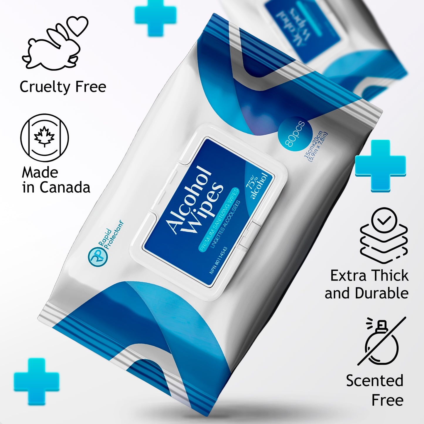 Rapid Protectant 75% Alcohol Wipes 80pcs – Made in Canada, cruelty-free, extra thick, durable, scented-free sanitizing wipes for hands & surfaces.