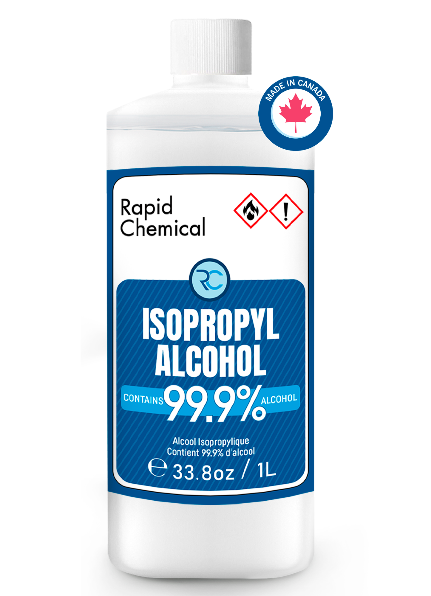 Rapid Chemical 99.9% Isopropyl Alcohol 1L – High-purity USP-grade disinfectant, made in Canada. Ideal for cleaning, sanitizing, and industrial use. Safety-sealed and packaged for reliability.