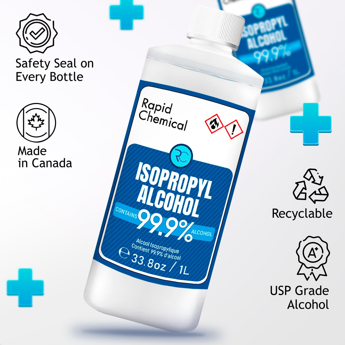 Rapid Chemical 99.9% Isopropyl Alcohol 1L – USP-grade, made in Canada, safety-sealed, recyclable packaging. Ideal for disinfecting, cleaning, and industrial use.