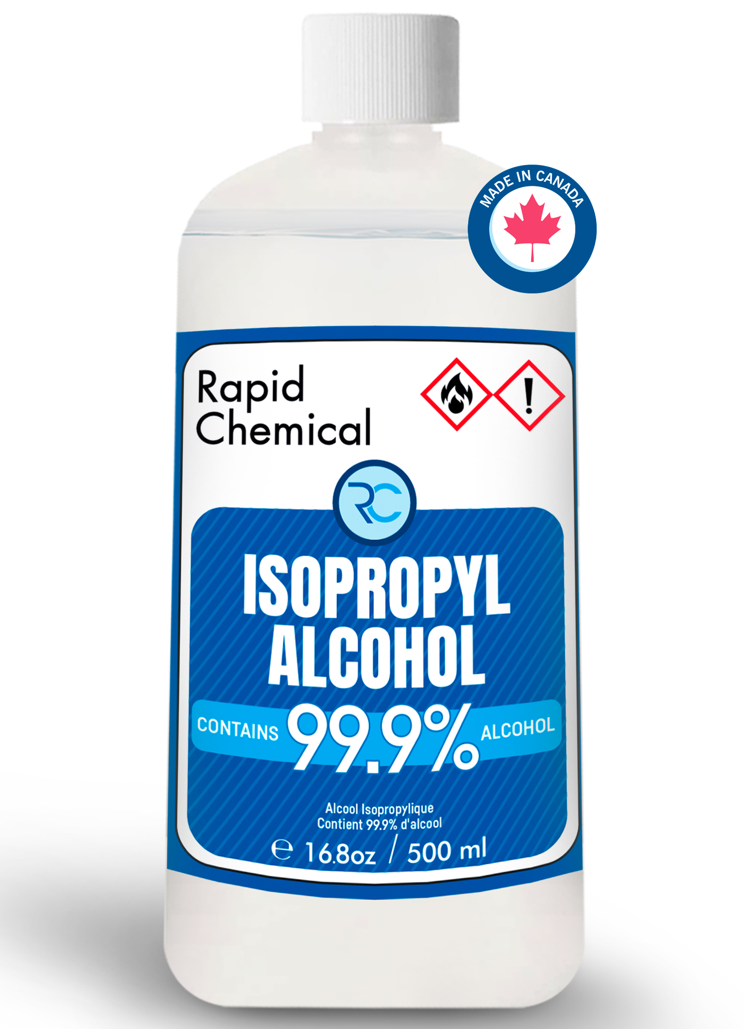 Rapid Chemical 99.9% Isopropyl Alcohol 500ml – USP-grade, made in Canada, safety-sealed, ideal for disinfecting, cleaning, and industrial use. Packaged in recyclable materials.