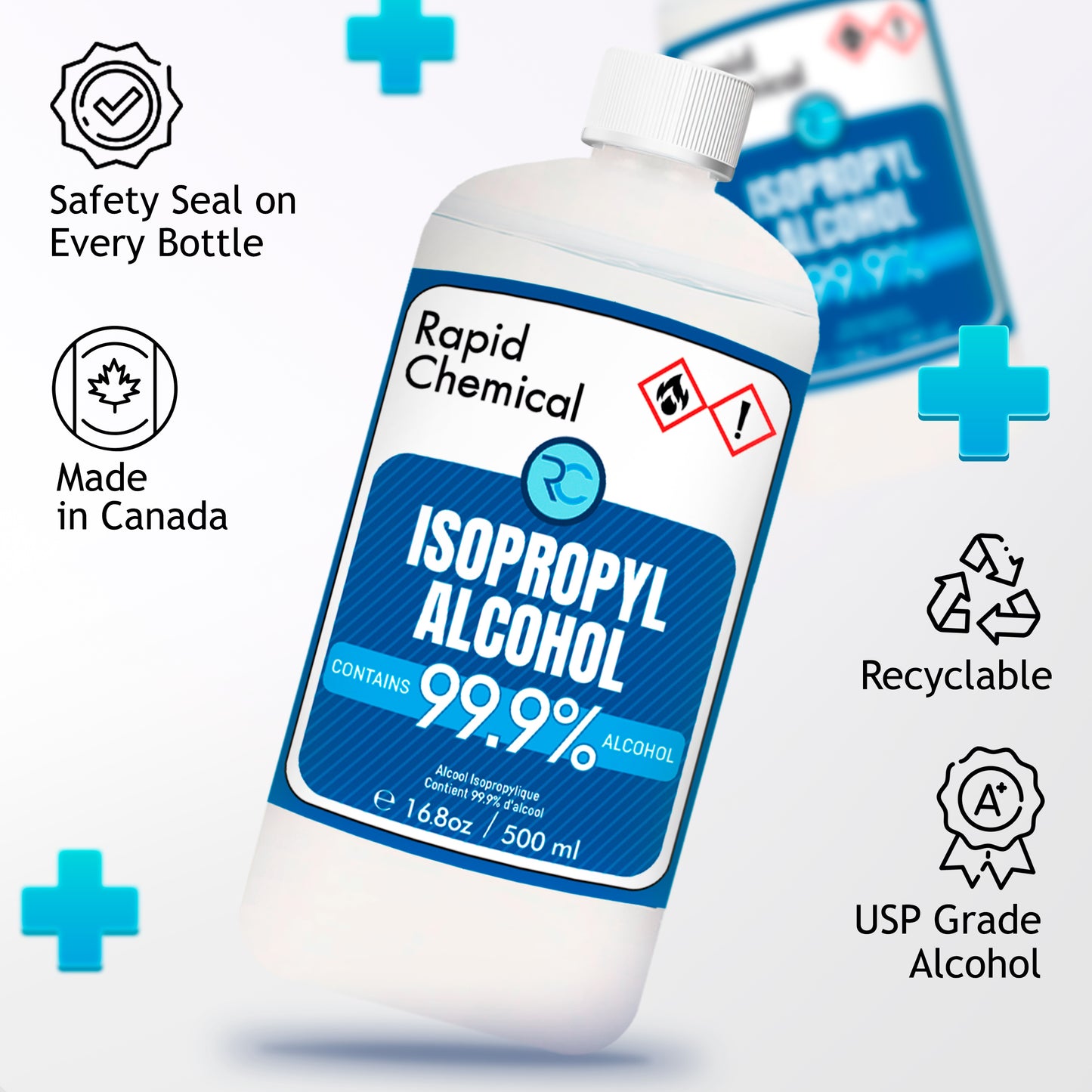 Rapid Chemical 99.9% Isopropyl Alcohol 500ml – USP-grade, made in Canada, safety-sealed, recyclable packaging. Ideal for disinfecting, cleaning, and industrial use.
