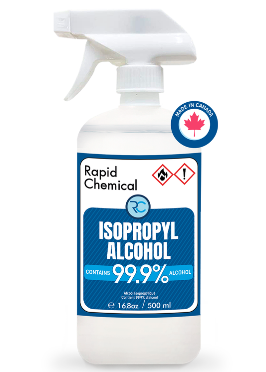 Rapid Chemical 99.9% Isopropyl Alcohol 500ml Spray Bottle – USP-grade, made in Canada, safety-sealed, ideal for disinfecting, cleaning, and industrial use. Convenient spray nozzle for easy application.