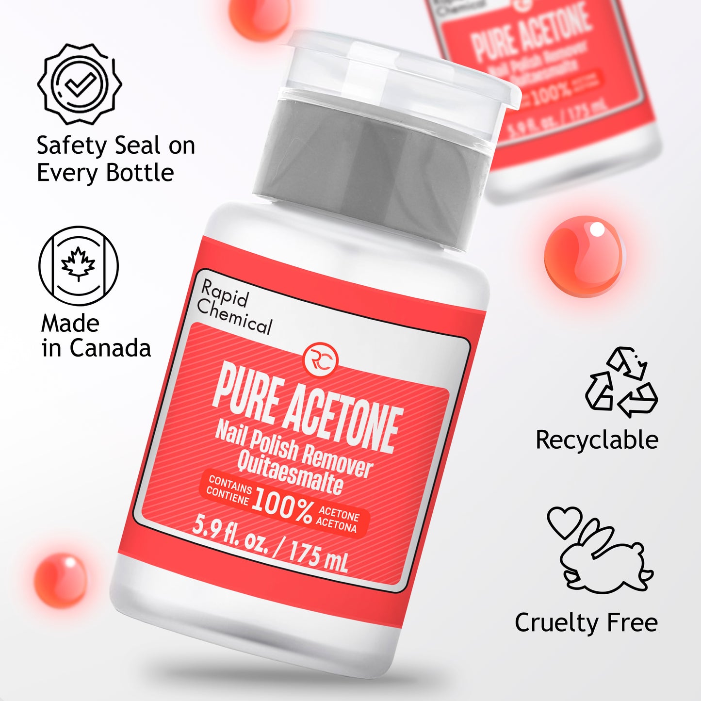 Rapid Chemical 100% Pure Acetone 175ml – Made in Canada, cruelty-free, recyclable, fast-acting nail polish remover for salon & home use.