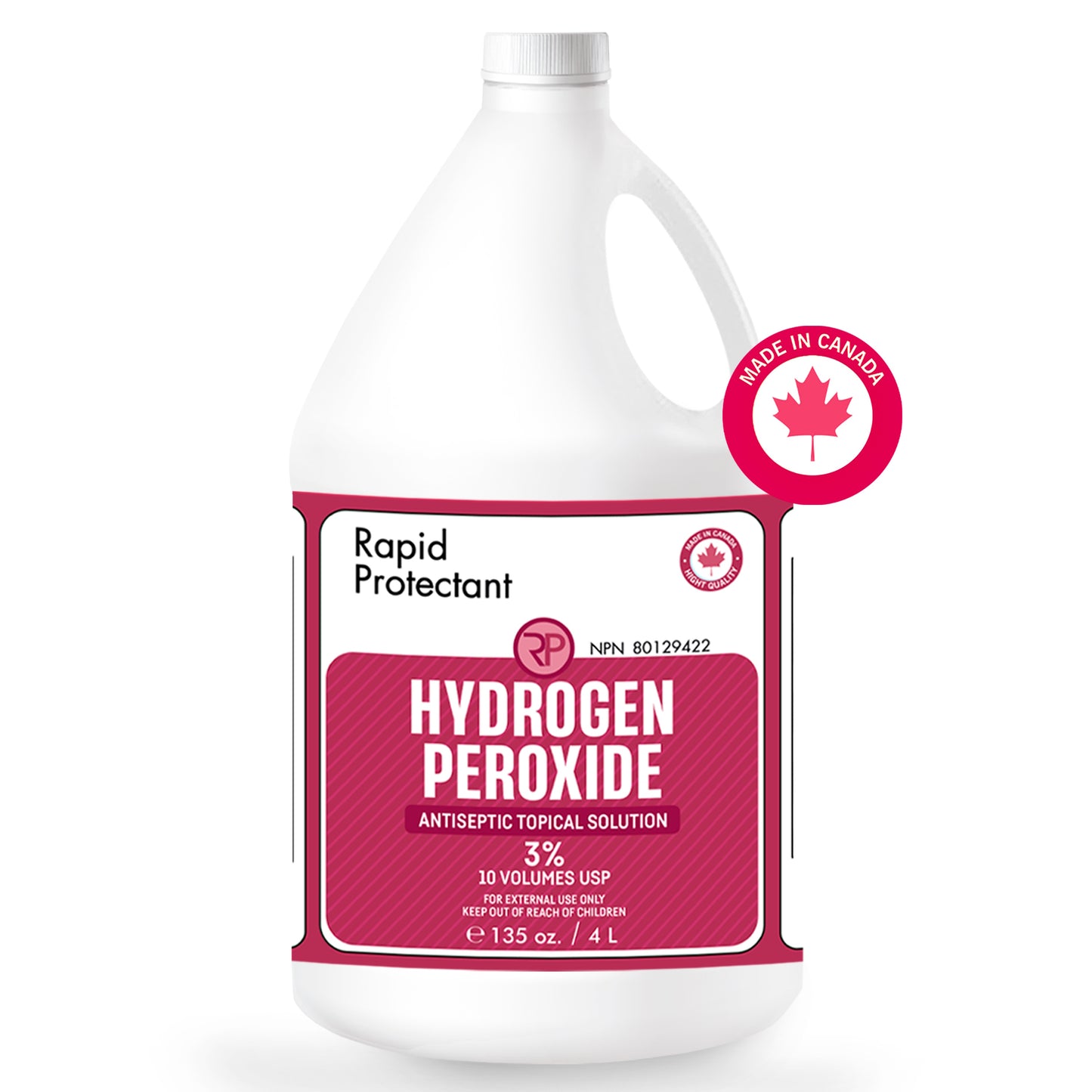Rapid Protectant Hydrogen Peroxide 3% - 4L Antiseptic Topical Solution. Ideal for first aid, disinfecting, cleaning, and stain removal. Made in Canada, sealed for safety, and packaged in recyclable materials.