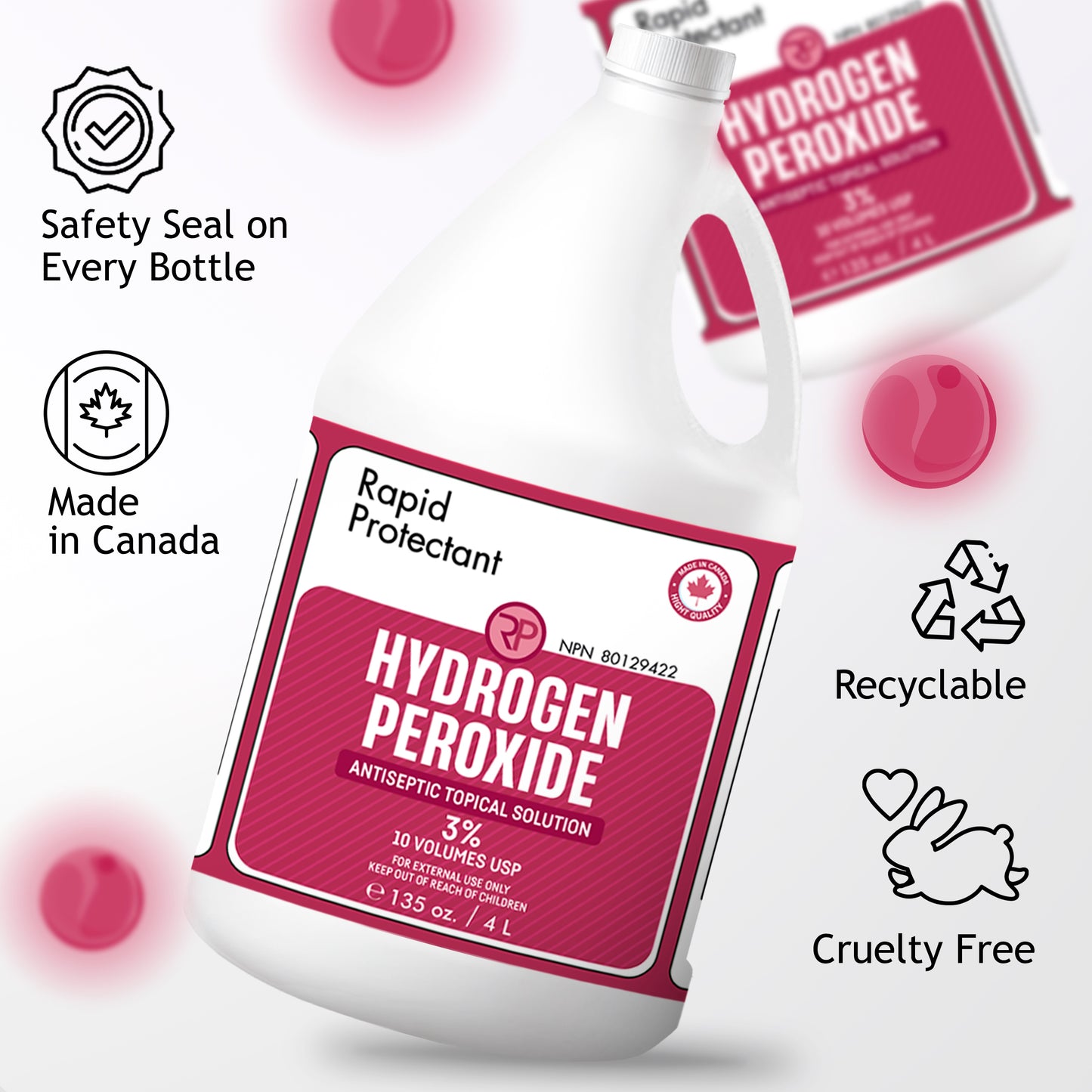 Rapid Protectant Hydrogen Peroxide 3% - 4L Antiseptic Topical Solution. Made in Canada, cruelty-free, recyclable packaging, and safety-sealed. Ideal for first aid, cleaning, disinfecting, and stain removal.